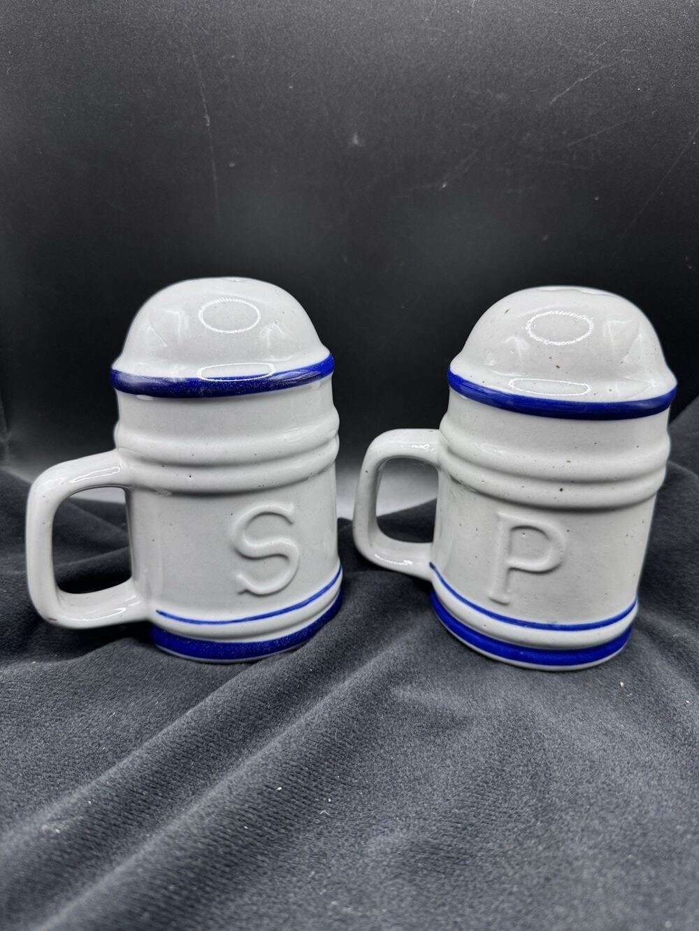 Vintage Stoneware Blue & White Salt & Pepper Shakers 5in Oversized